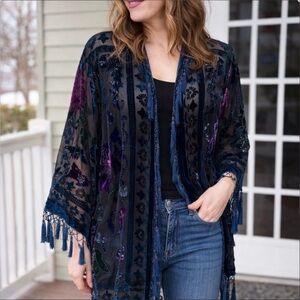 Vintage Chico’s Velvet Burnout Kimono Duster Silk Rayon Tassel Boho S/M